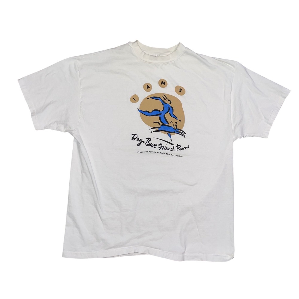 Vintage Hanes Beefy-T Palo Alto Dog's Best Friend Run T-Shirt XL White IAMS USA